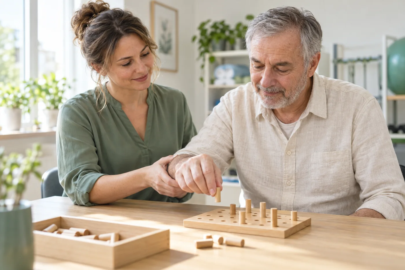 Ergotherapeutin begleitet einen Patienten beim Feinmotoriktraining – KI-Symbolbild