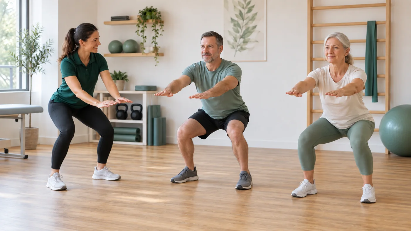 Trainerin begleitet zwei Erwachsene beim Training – KI-Symbolbild